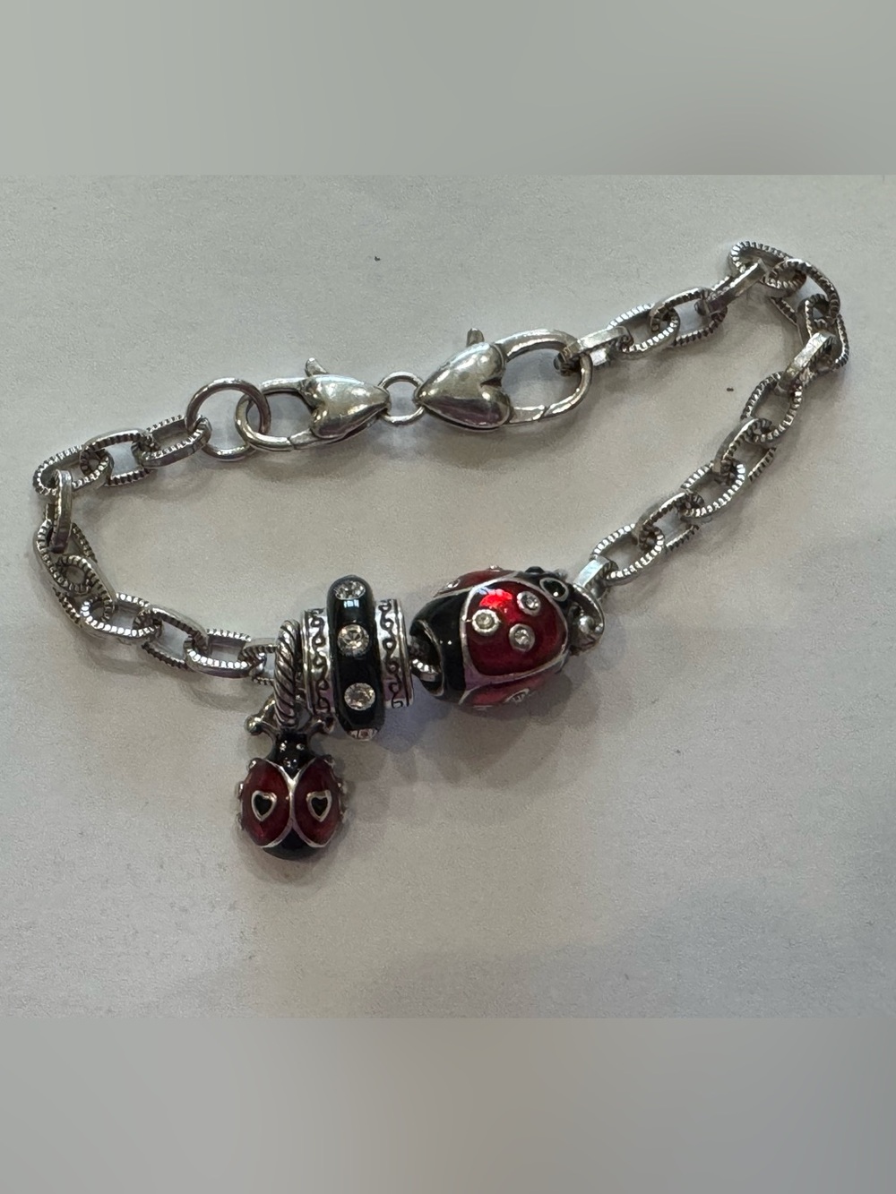 Brighton LADYBUG & Black Spacer 7.5-8 Inch Charm Bracelet Enamel & Swarovski Cry